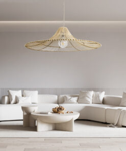 GloboStar® PALERMO 02209 Boho Κρεμαστό Φωτιστικό Οροφής Μονόφωτο 1 x E27 AC220-240V IP20 – Φ100 x Υ30cm – Μπεζ Ξύλινο Μπαμπού Πλέγμα – 5 Χρόνια Εγγύηση