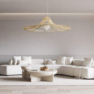 GloboStar® PALERMO 02209 Boho Κρεμαστό Φωτιστικό Οροφής Μονόφωτο 1 x E27 AC220-240V IP20 – Φ100 x Υ30cm – Μπεζ Ξύλινο Μπαμπού Πλέγμα – 5 Χρόνια Εγγύηση