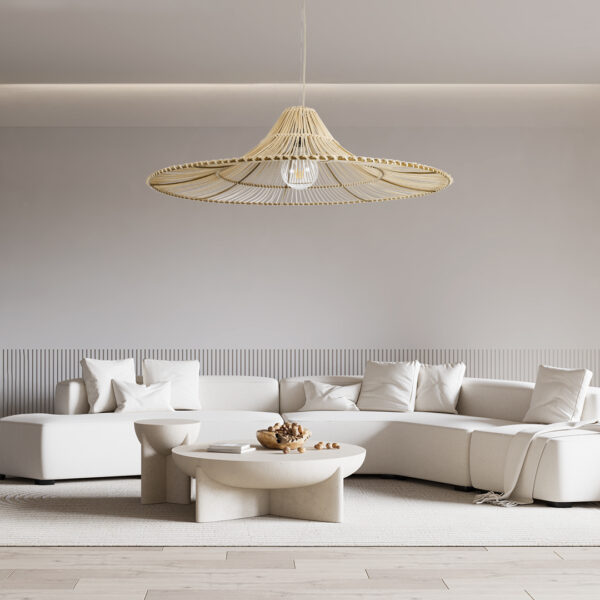 GloboStar® PALERMO 02209 Boho Κρεμαστό Φωτιστικό Οροφής Μονόφωτο 1 x E27 AC220-240V IP20 – Φ100 x Υ30cm – Μπεζ Ξύλινο Μπαμπού Πλέγμα – 5 Χρόνια Εγγύηση