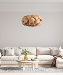 GloboStar® SARDIGNA 02218 Boho Κρεμαστό Φωτιστικό Οροφής Μονόφωτο 1 x E27 AC220-240V IP20 – Φ60 x Υ30cm – Καφέ Λεπτό Φύλλο Ξύλου Πλέγμα – 5 Χρόνια Εγγύηση