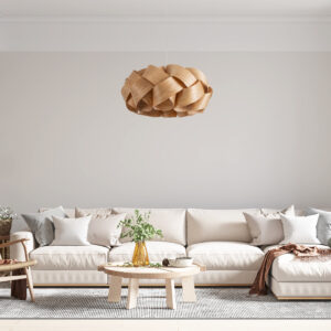 GloboStar® SARDIGNA 02218 Boho Κρεμαστό Φωτιστικό Οροφής Μονόφωτο 1 x E27 AC220-240V IP20 – Φ60 x Υ30cm – Καφέ Λεπτό Φύλλο Ξύλου Πλέγμα – 5 Χρόνια Εγγύηση