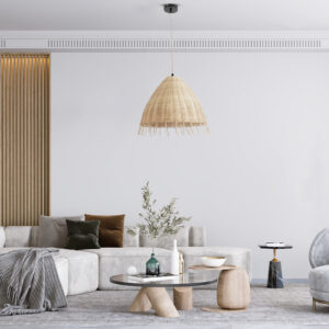 GloboStar® AQUATIC 01742 Boho Κρεμαστό Φωτιστικό Οροφής Μονόφωτο 1 x E27 AC220-240V IP20 – Φ40 x Υ36cm – Μπεζ Ξύλινο Μπαμπού Πλέγμα Καμπάνα – 5 Χρόνια Εγγύηση