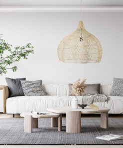 GloboStar® ADEJE 02210 Boho Κρεμαστό Φωτιστικό Οροφής Μονόφωτο 1 x E27 AC220-240V IP20 – Φ60 x Υ60cm – Μπεζ Ξύλινο Μπαμπού Πλέγμα Καμπάνα – 5 Χρόνια Εγγύηση