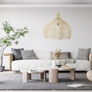 GloboStar® ADEJE 02210 Boho Κρεμαστό Φωτιστικό Οροφής Μονόφωτο 1 x E27 AC220-240V IP20 – Φ60 x Υ60cm – Μπεζ Ξύλινο Μπαμπού Πλέγμα Καμπάνα – 5 Χρόνια Εγγύηση