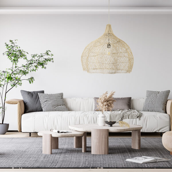 GloboStar® ADEJE 02210 Boho Κρεμαστό Φωτιστικό Οροφής Μονόφωτο 1 x E27 AC220-240V IP20 – Φ60 x Υ60cm – Μπεζ Ξύλινο Μπαμπού Πλέγμα Καμπάνα – 5 Χρόνια Εγγύηση