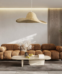 GloboStar® ESPARGOS 02214 Boho Κρεμαστό Φωτιστικό Οροφής Μονόφωτο 1 x E27 AC220-240V IP20 – Φ70 x Υ35cm – Μπεζ Ξύλινο Μπαμπού Πλέγμα – 5 Χρόνια Εγγύηση