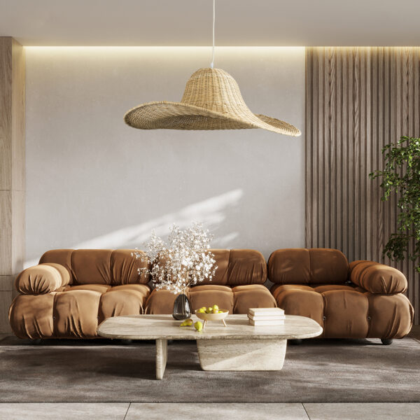 GloboStar® ESPARGOS 02214 Boho Κρεμαστό Φωτιστικό Οροφής Μονόφωτο 1 x E27 AC220-240V IP20 – Φ70 x Υ35cm – Μπεζ Ξύλινο Μπαμπού Πλέγμα – 5 Χρόνια Εγγύηση