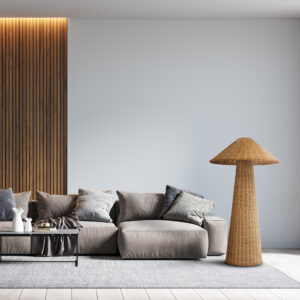 GloboStar® PERU 02235 Boho Επιδαπέδιο Φωτιστικό Μονόφωτο 1 x E27 AC220-240V IP20 – Φ73 x Υ135cm – Μπεζ Ξύλινο Ρατάν Καπέλο – 5 Χρόνια Εγγύηση