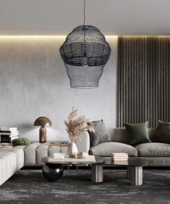 GloboStar® KENTUCKY 01912 Vintage Κρεμαστό Φωτιστικό Οροφής Μονόφωτο 1 x E27 AC220-240V IP20 – Φ60 x Υ70cm – Μαύρο Μεταλλικό με Μπαμπού Πλέγμα