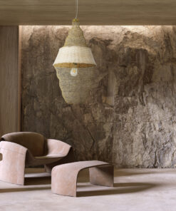 GloboStar® KENTUCKY 01910 Vintage Κρεμαστό Φωτιστικό Οροφής Μονόφωτο 1 x E27 AC220-240V IP20 – Φ40 x Υ80cm – Μπεζ Μεταλλικό με Μπαμπού Πλέγμα