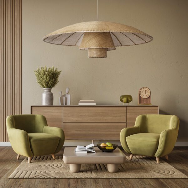 GloboStar® ZORA 02140 Boho Κρεμαστό Φωτιστικό Οροφής Μονόφωτο 1 x E27 AC220-240V IP20 – Φ120 x Υ40cm – Μπεζ Υφασμάτινο Καμπάνα