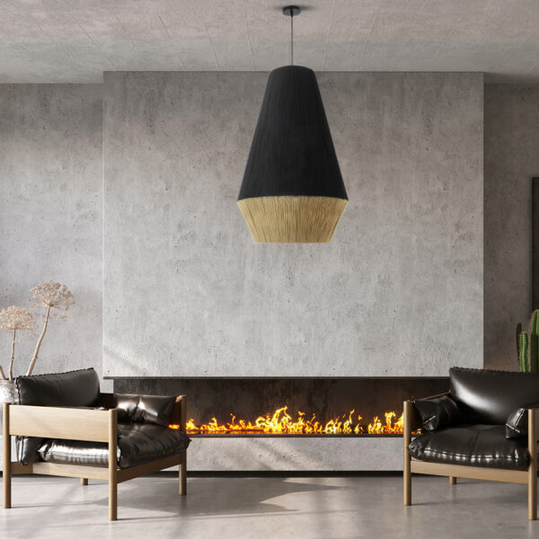 GloboStar® SALERNO 02080 Boho Κρεμαστό Φωτιστικό Οροφής Μονόφωτο 1 x E27 AC220-240V IP20 – Φ50 x Υ80cm – Μαύρο με Μπεζ Λεπτό Νήμα Βαμβακερό Πλέγμα Καμπάνα – 5 Χρόνια Εγγύηση