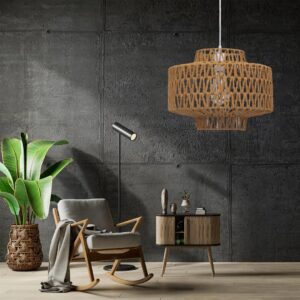 GloboStar® JENSON 00909 Vintage Κρεμαστό Φωτιστικό Οροφής Μονόφωτο 1 x E27 Πλέγμα με Ανοιχτό Καφέ Σχοινί Φ33 x Y35cm