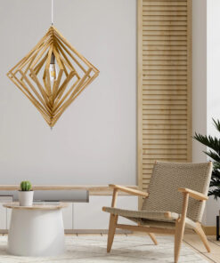 GloboStar® OCTAVE 01431 Μοντέρνο Κρεμαστό Φωτιστικό Οροφής Μονόφωτο 1 x E27 Μπεζ Ξύλινο Μ64 x Π64 x Y66cm