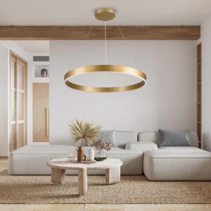 GloboStar® VENOM 61181 Κρεμαστό Φωτιστικό Δαχτυλίδι-Κύκλος LED CCT 67W 7863lm 120° AC 220-240V – Εναλλαγή Φωτισμού μέσω Τηλεχειριστηρίου All In One Ψυχρό 6000K+Φυσικό 4500K+Θερμό 2700K Dimmable Φ80cm – Χρυσό Βούρτσας – 3 Years Warranty