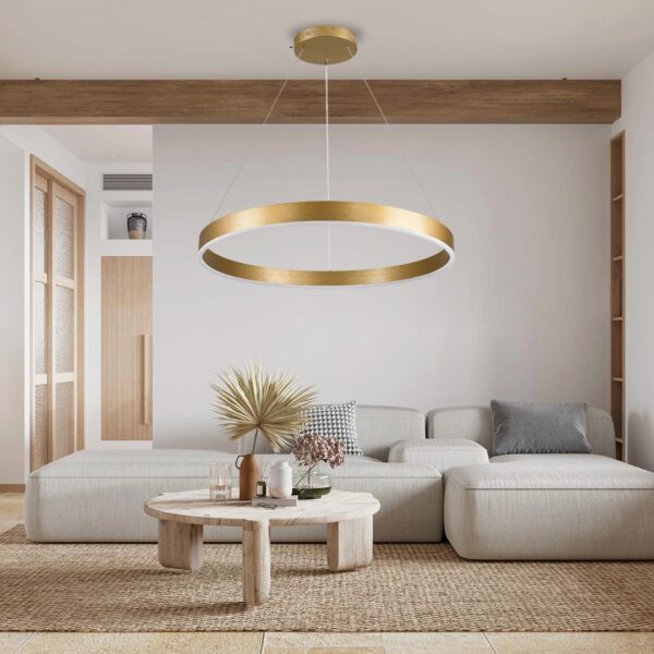 GloboStar® VENOM 61181 Κρεμαστό Φωτιστικό Δαχτυλίδι-Κύκλος LED CCT 67W 7863lm 120° AC 220-240V – Εναλλαγή Φωτισμού μέσω Τηλεχειριστηρίου All In One Ψυχρό 6000K+Φυσικό 4500K+Θερμό 2700K Dimmable Φ80cm – Χρυσό Βούρτσας – 3 Years Warranty