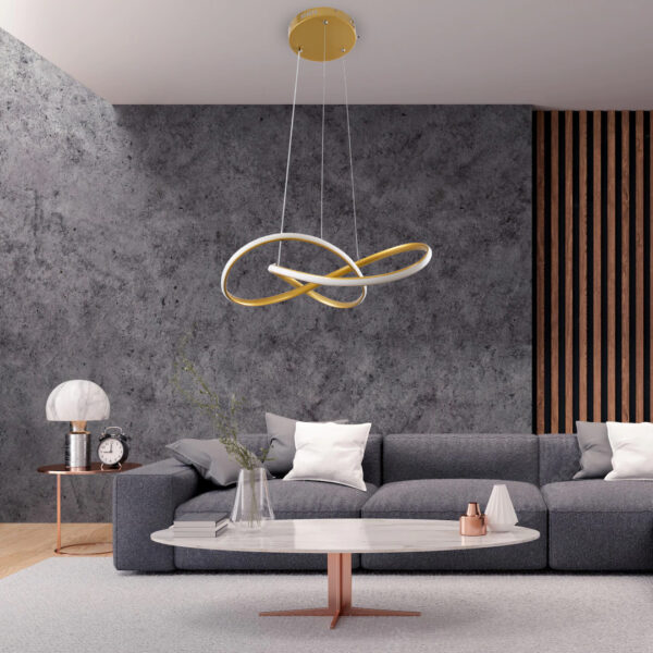 GloboStar® DEXTER 61051 Κρεμαστό Φωτιστικό Οροφής Design LED CCT 72W 8064lm 300° AC 220-240V – Εναλλαγή Φωτισμού μέσω Τηλεχειριστηρίου All In One Ψυχρό 6000k+Φυσικό 4500k+Θερμό 2700k Dimmable Φ56cm – Χρυσό Βούρτσας – 3 Years Warranty