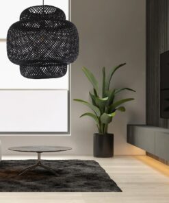 GloboStar® MALDIVES 00579 Μοντέρνο Κρεμαστό Φωτιστικό Οροφής Μονόφωτο 1 x E27 Μαύρο Bamboo Πλέγμα Φ56 x Υ54cm