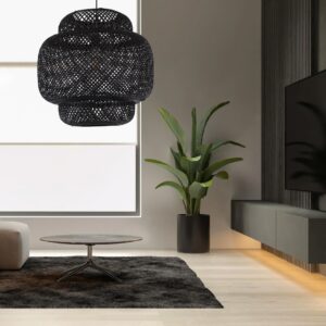 GloboStar® MALDIVES 00579 Μοντέρνο Κρεμαστό Φωτιστικό Οροφής Μονόφωτο 1 x E27 Μαύρο Bamboo Πλέγμα Φ56 x Υ54cm