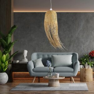 GloboStar® MANILA 01713 Μοντέρνο Κρεμαστό Φωτιστικό Οροφής Μονόφωτο 1 x E27 Μπεζ Μπαμπού Καμπάνα Φ25 x Υ60cm