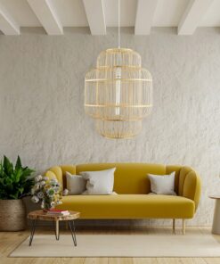 GloboStar® HAITI 01763 Vintage Κρεμαστό Φωτιστικό Οροφής Μονόφωτο 1 x E27 Μπεζ Ξύλινο Bamboo Πλέγμα Φ48 x Υ60cm