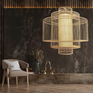 GloboStar® ARMONA 01780 Μοντέρνο Κρεμαστό Φωτιστικό Οροφής Μονόφωτο 1 x E27 Μπεζ Μπαμπού Πλέγμα Φ100 x Υ100cm