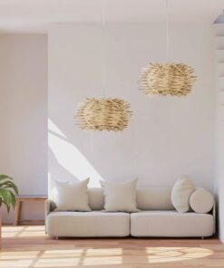 GloboStar® MINORCA 01730 Μοντέρνο Κρεμαστό Φωτιστικό Οροφής Μονόφωτο 1 x E27 Μπεζ Μπαμπού Καμπάνα Φ35 x Υ23cm