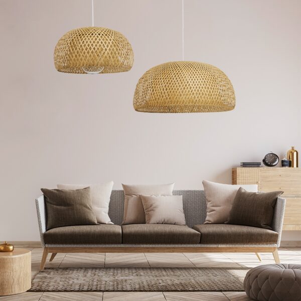 GloboStar® SAN TROPEZ 01626 Vintage Κρεμαστό Φωτιστικό Οροφής Μονόφωτο 1 x E27 Καφέ Ξύλινο Bamboo Φ38 x Υ22cm