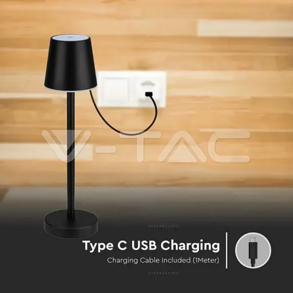 LED Επαναφορτιζόμενο Πορτατιφ 3W 4000Κ Μαύρο Dimmable Αφής V-TAC – 10194