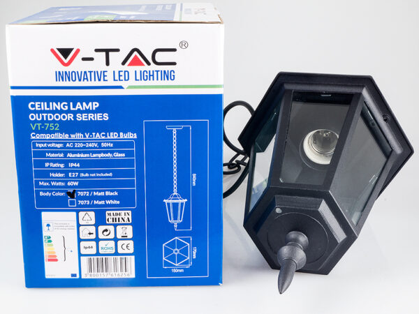 Εξωτερικό φωτιστικό οροφής V-TAC VT-752, μέγιστη ισχύς 60W, συμβατό με λαμπτήρες LED, αλουμίνιο-γυαλί.