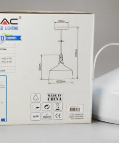 Κουτί και λευκό φωτιστικό οροφής V-TAC, LED, μεταλλικό, με εμφανή τεχνικά χαρακτηριστικά και διαστάσεις.