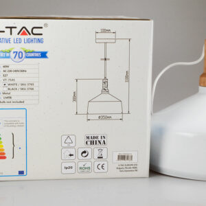Κουτί και λευκό φωτιστικό οροφής V-TAC, LED, μεταλλικό, με εμφανή τεχνικά χαρακτηριστικά και διαστάσεις.