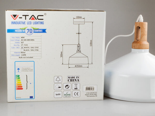 Κουτί και λευκό φωτιστικό οροφής V-TAC, LED, μεταλλικό, με εμφανή τεχνικά χαρακτηριστικά και διαστάσεις.