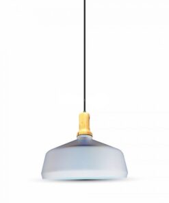 Μοντέρνο κρεμαστό φωτιστικό με γκρι καπέλο και ξύλινη λεπτομέρεια, ιδανικό για διακόσμηση εσωτερικών χώρων.