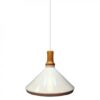 Pendant light with white conical shade and wooden accent, hanging from a single cord.