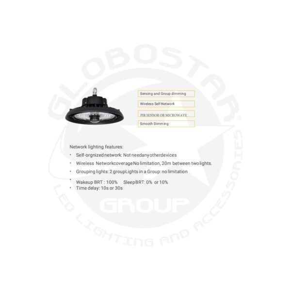 GLOBOSTAR® INDUSTRY 61704 Βιομηχανικό Φωτιστικό Καμπάνα High Bay UFO Τεχνολογίας Smart Group Linkable Control System 2.4Ghz με Αισθητήρα Κίνησης Microwave LED 100W 15000lm SDCM