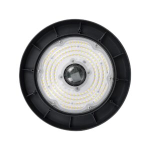 GLOBOSTAR® INDUSTRY 61704 Βιομηχανικό Φωτιστικό Καμπάνα High Bay UFO Τεχνολογίας Smart Group Linkable Control System 2.4Ghz με Αισθητήρα Κίνησης Microwave LED 100W 15000lm SDCM<5 90° AC 85-265V Αδιάβροχο IP65 IK08 Φυσικό Λευκό 5000K - 175 x Sanan Opto SMD Chip & TÜV SÜD Driver - Μαύρο Χυτό Αλουμίνιο - Μ26.5 x Π26.5 x Υ15cm - 5 Χρόνια Εγγύηση