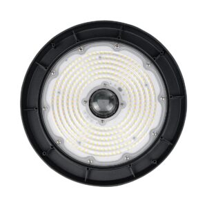 GLOBOSTAR® INDUSTRY 61706 Βιομηχανικό Φωτιστικό Καμπάνα High Bay UFO Τεχνολογίας Smart Group Linkable Control System 2.4Ghz με Αισθητήρα Κίνησης Microwave LED 200W 30000lm SDCM<5 90° AC 85-265V Αδιάβροχο IP65 IK08 Φυσικό Λευκό 5000K - 338 x Sanan Opto SMD Chip & TÜV SÜD Driver - Μαύρο Χυτό Αλουμίνιο - Μ30 x Π30 x Υ16cm - 5 Χρόνια Εγγύηση
