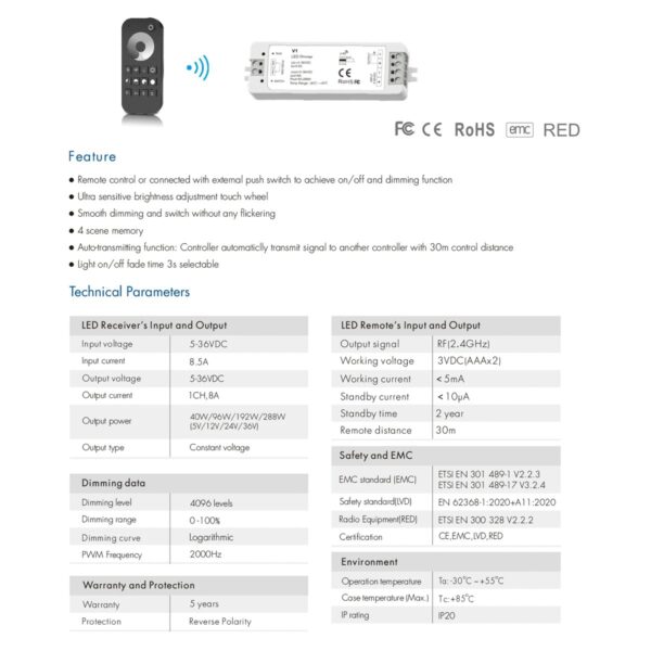 GloboStar® 73118 RT1+V1 SKYDANCE ΣΕΤ Dimmer & Ασύρματο Χειριστήριο Αφής 1 Group RF 2.4Ghz 8A Max DC 5-36V (288W) – DC 3V IP20 – 5 Χρόνια Εγγύηση