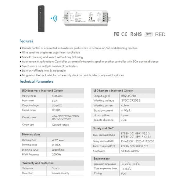 GloboStar® 73119 V1+R11 SKYDANCE ΣΕΤ Dimmer & Ασύρματο Χειριστήριο Αφής 1 Group RF 2.4Ghz 8A Max DC 5-36V (288W) – DC 3V IP20 – 5 Χρόνια Εγγύηση