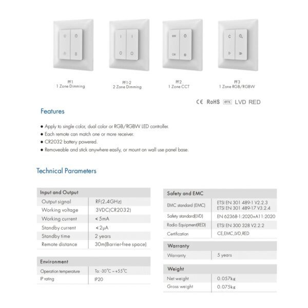 GloboStar® 73122 PF1-2 SKYDANCE Ασύρματο Επιτοίχιο Χειριστήριο 2 Group  RF 2.4Ghz DC3V IP20 – Μ8.5 x Π8.5 x Υ1.7cm – 5 Χρόνια Εγγύηση