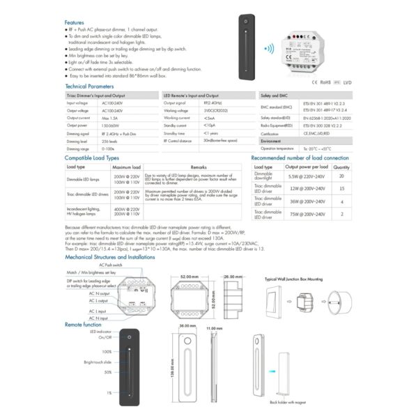 GloboStar® 73124 S1-B+R11 SKYDANCE ΣΕΤ Dimmer & Ασύρματο Χειριστήριο Αφής 1 Group RF 2.4Ghz 1.5A Max AC100-240V (360W) – DC 3V IP20 – 5 Χρόνια Εγγύηση