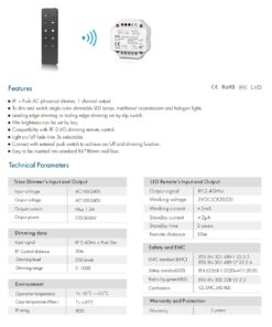 GloboStar® 73125 S1-B+R1 SKYDANCE ΣΕΤ Dimmer & Ασύρματο Χειριστήριο Αφής 1 Group RF 2.4Ghz 1.5A Max AC100-240V (360W) – DC 3V IP20 – 5 Χρόνια Εγγύηση