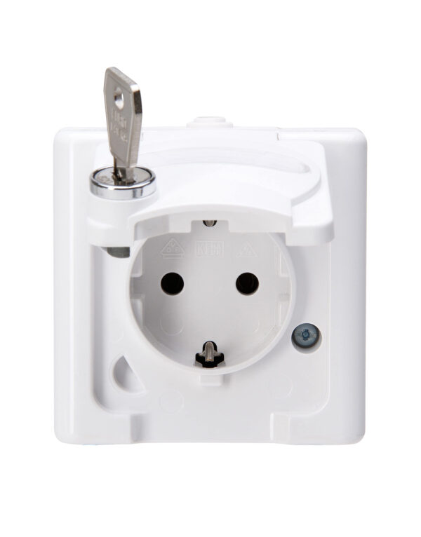 Earthed socket outlet with hinged lid and safety lock, colour: arctic white – 1-K103536008