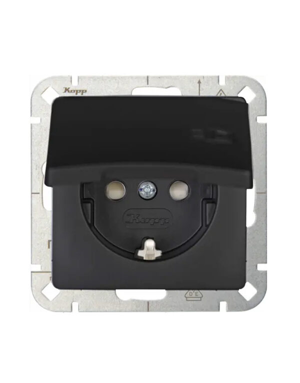 HK05 – Earthed socket outlet with hinged lid and shutter – colour: mattblack – 1-K920850000
