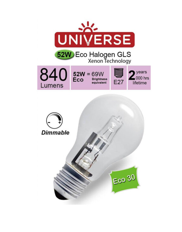 ΛΑΜΠΑ ΑΛΟΓΟΝΟΥ ΕCO30 CLASSIC A55 52W E27 2800K 220-240V 840lm 360° DIMMABLE UNIVERSE – 1-U001359