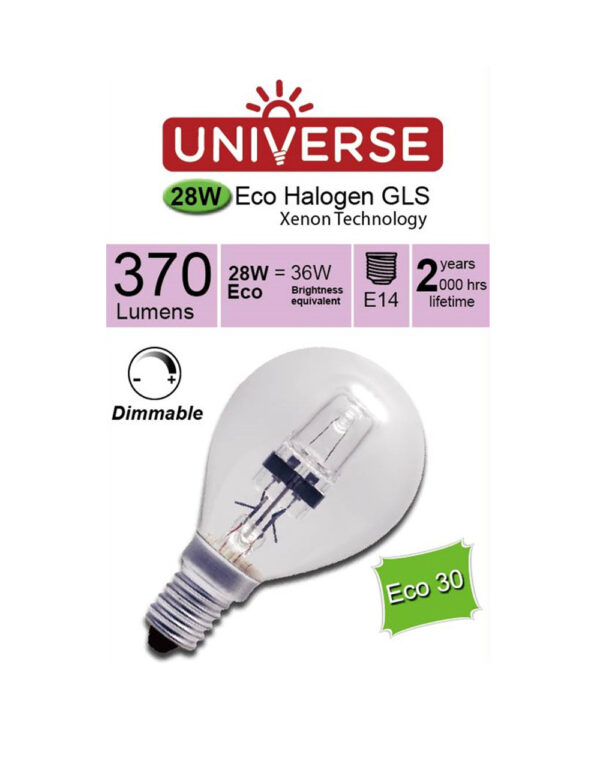 ΛΑΜΠΑ ΑΛΟΓΟΝΟΥ ΕCO30 ΣΦΑΙΡΑΚΙ G45 28W Ε14 2800K 220-240V 370lm 360° DIMMABLE UNIVERSE – 1-U001403