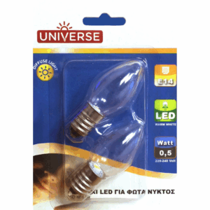 ΛΑΜΠΑ LED ΝΥΚΤΟΣ 0,5W E14 3000K 220-240V UNIVERSE X2ΤΕΜ – 2-U002103
