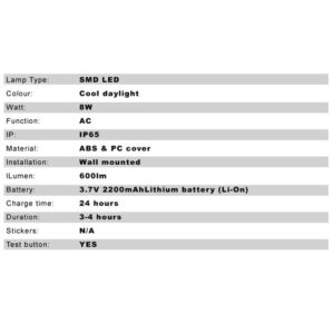 ΦΩΤΙΣΤΙΚΟ LED SMD 8W 6500K 230V ΔΙΠΛΗ ΚΕΦΑΛΗ ΕΠΑΝΑΦΟΡΤΙΖΟΜΕΝΟ ΜΕ ΜΠΑΤΑΡΙΑ Li-ion ΜΗ ΣΥΝΕΧΟΥΣ ΛΕΙΤΟΥΡΓΙΑΣ UNIVERSE – 2-U007504