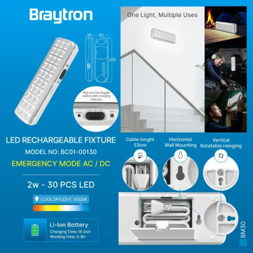 BRY-BM30-30LED-6500K-WHT-RECHARGEABLE LIGHT – BC01-00130